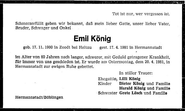 Koenig Emil 1900-1981 Todesanzeige